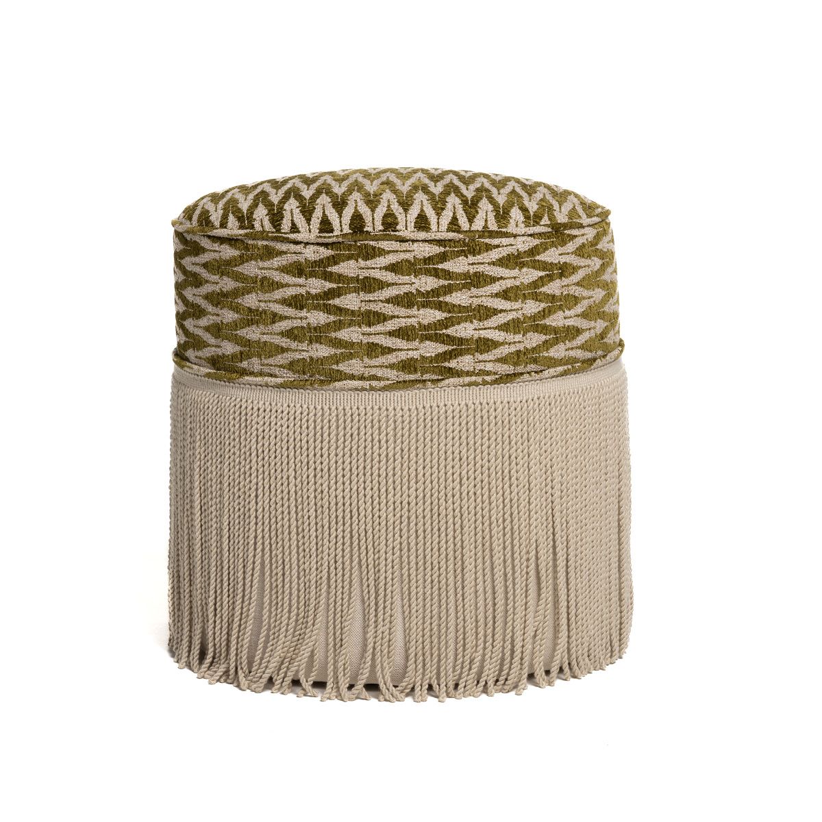 Nouvelle puff (ø43 h48) Floris 02 grønn/beige, med frynser - bestillingsvare